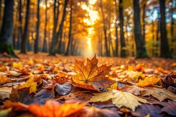 Fototapeta premium Scattered leaves in the tranquil forest during the autumn season close-up