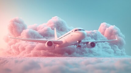 A white airplane flies smoothly through pastel pink clouds against a soft blue sky in this minimalistic and modern design, creating a calm and dreamlike aviation scene.