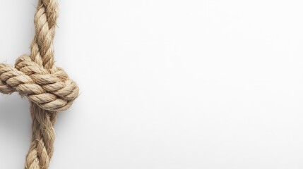 A close-up of a knotted rope on a white background.
