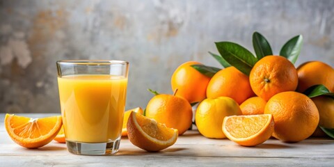 Fresh orange juice glass with a pile of oranges on a light background, juicy, fresh, citrus, healthy, beverage, fruit, drink