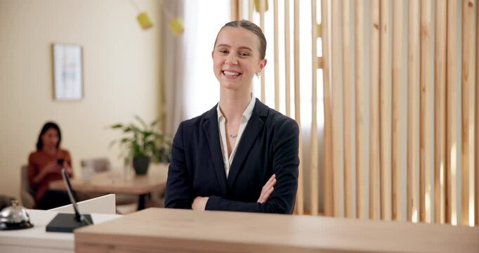 Portrait, arms crossed and woman with smile, confident and happy to help, professional and receptionist in resort. Proud, front desk agent and employee in hospitality, check in and person in Canada