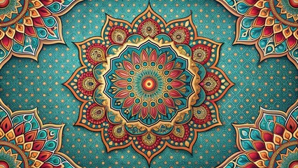Colorful background with intricate mandala design and vintage decorative elements inspired by Islam, Arabic