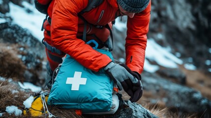wilderness safety equipment, first aid packing moment, premium outdoor gear, saturated color palette, candid adventure photography, winter hiking preparation, dramatic natural lighting, action