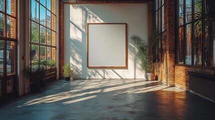 Fototapeta premium A 3D rendering of a blank picture frame in a minimalist room with a white wall and large windows. Natural light creates a soft shadow, perfect for design mockups or gallery visuals.