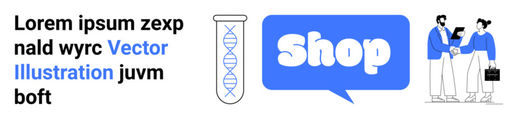 Vector showing a shopping concept with a DNA symbol and two people interacting in a business context. Ideal for e-commerce websites, online shopping, business communication, biotechnology, and modern