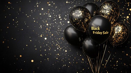 Fototapeta premium Black friday sale on black balloons with gold gritter on black background 