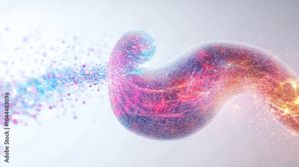 Poster futuristic digital visualization of a stomach with light particles and energy fields flowing around 