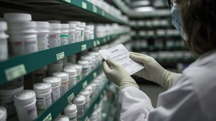 detailed view of pharmacy interior, rows of medicine containers, pharmacist examining drug packaging, document in hand, clinical environment, muted colors, focus on hands and products