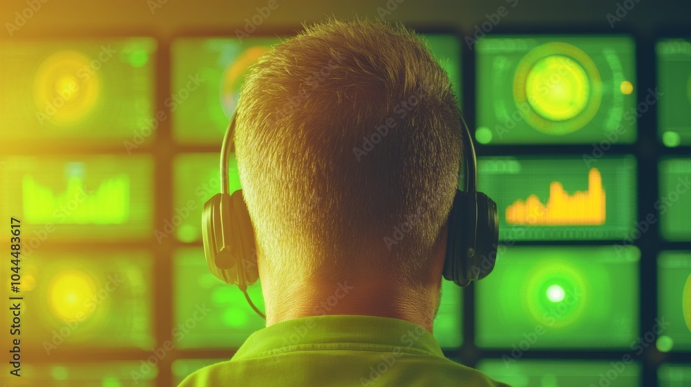 Aufkleber Focused Engineer Analyzing Rocket Launch Data in a High-Tech Mission Control Center