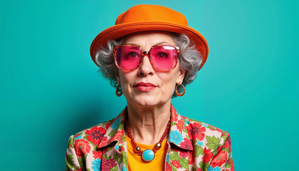Fototapeta premium Stylish elderly woman with colorful attire and vibrant accessories on a turquoise background, retirement concept 