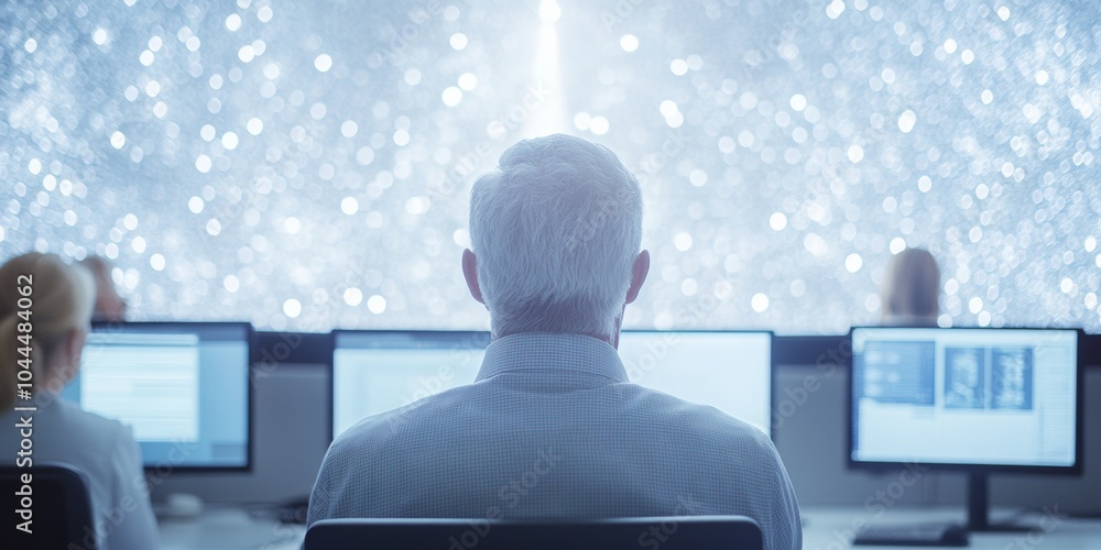 Poster diverse engineers overseeing nighttime rocket launch in modern control center