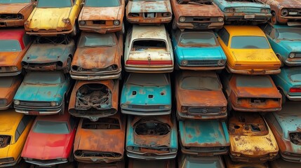 Fototapeta premium Abandoned Cars in Junkyard for Recycling and Environment