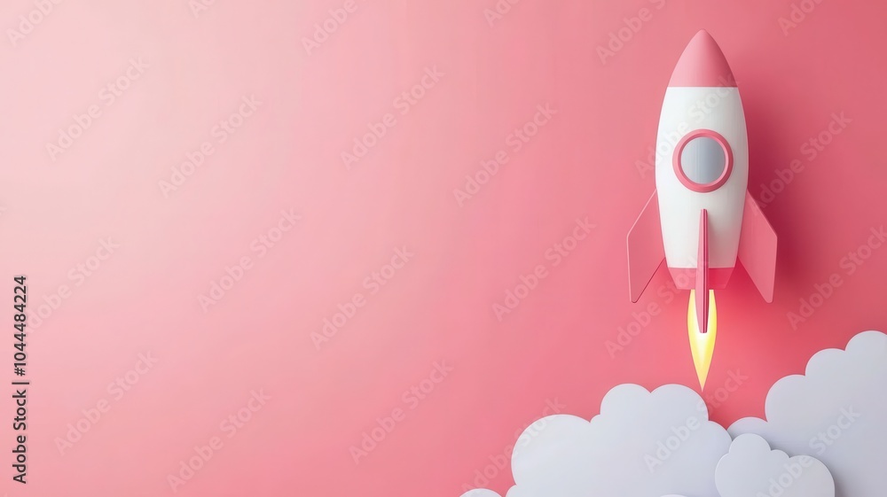 Poster startup launch concept with rocket and clouds