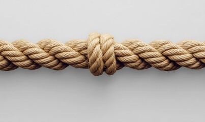A thick, beige rope tied in a simple knot against a white background.