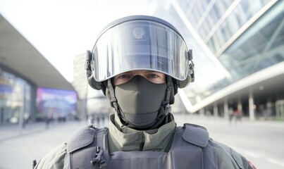 Fototapeta premium Urban Security Police Officer in Tactical Gear at High-Profile Event