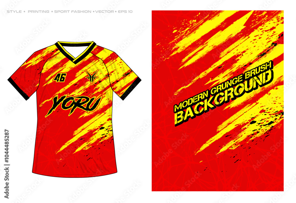 Sticker sublimation jersey design grunge abstract red yellow brush sporty vector template football basketball badminton rugby shirt racing motorsport techno splash background