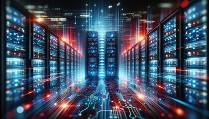 Obraz premium Futuristic Data Center Visualization: Digital AI Infrastructure with Illuminated Servers Representing Artificial Intelligence, Data Flow, Neural Networks, and Cloud Computing