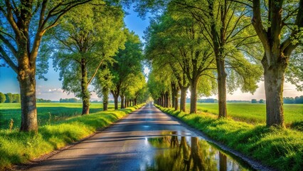 Fototapeta premium Scenic drive through trees in countryside under blue sky reflected in water