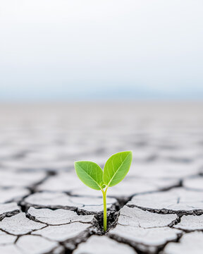 Macro Photography of Bright Green Plant Breaking Through Cracks in Dry Soil, Capturing Nature's Promise of Growth and Hope