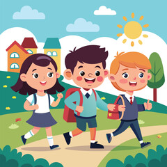 Three school kid happily going their school vector