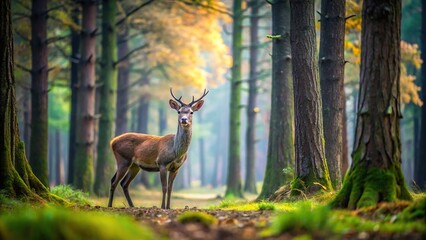 Scenic forest landscape with deer in tilted angle