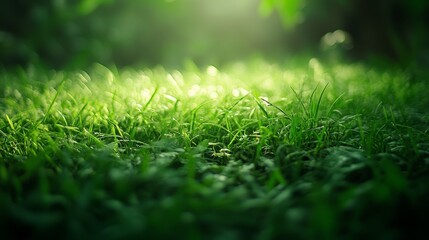 Naklejka premium A close-up view of lush green grass illuminated by soft sunlight, creating a serene natural atmosphere.