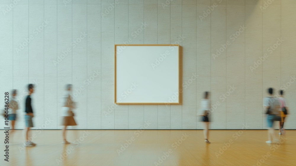 Aufkleber motion blur of people passing empty frame on cream concrete wall in cozy indoor setting