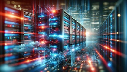 Futuristic Data Center Visualization: Digital AI Infrastructure with Illuminated Servers Representing Artificial Intelligence, Data Flow, Neural Networks, and Cloud Computing