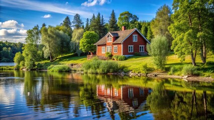 Fototapeta premium Scenic house overlooking river in Swedish countryside