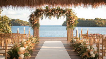 Naklejka premium A tropical island wedding venue, featuring a bamboo altar, tiki torches, and lush floral arrangements