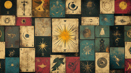 Detailed tarot cards array with various symbols and illustrations for divination and mystical practices