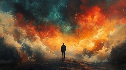 Obraz premium Silhouette of a Man Against a Cosmic Sky