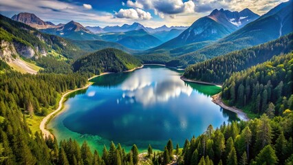 Obraz premium Scenic lake surrounded by mountains and forests from high angle view