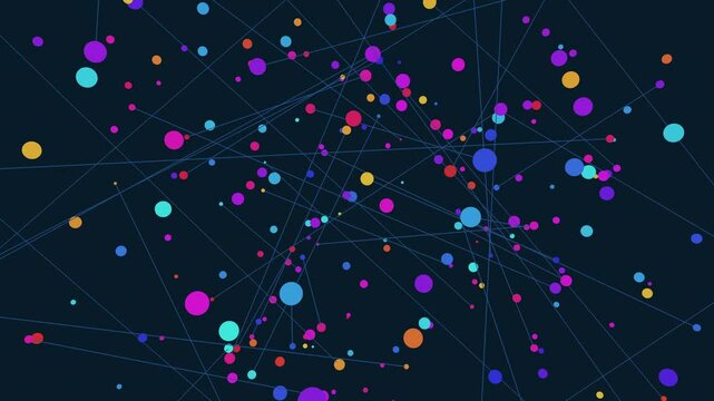 Abstract network diagram showing circles representing nodes connected by lines. Color-coded circles and lines indicate different types of data being transmitted