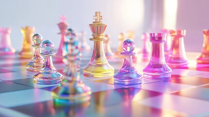 chessboard with pieces arranged in a complex formation, each piece radiating light and energy,