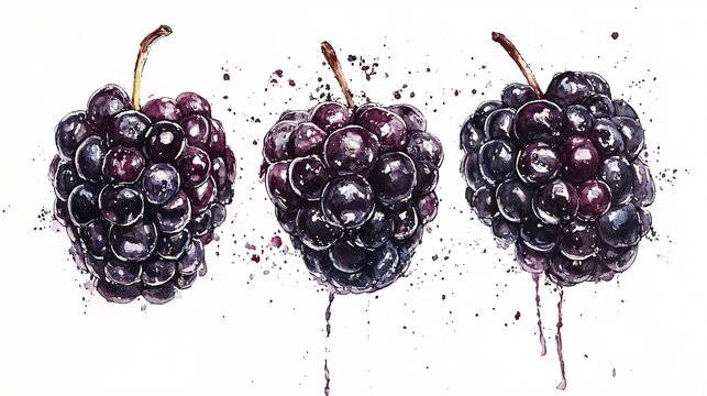 Set of blackberries splashing in water droup surrounded by fresh ripe berries illustration