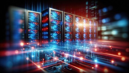 Fototapeta premium Futuristic Data Center Visualization: Digital AI Infrastructure with Illuminated Servers Representing Artificial Intelligence, Data Flow, Neural Networks, and Cloud Computing