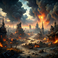 A war-torn fantasy battleground, scarred by conflict and destruction, with shattered landscapes and grim skies, perfect for RPG landscapes and dark fantasy wallpapers