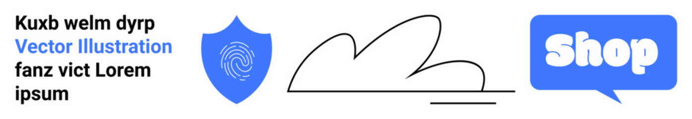 A fingerprint shield icon and a speech bubble stating Shop in blue. Ideal for digital security, e-commerce, online shopping, cybersecurity, and branding. Banner for landing page