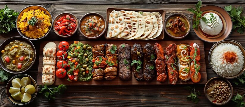 Iranian food many dishes of Iranian cuisine on dark wooden table