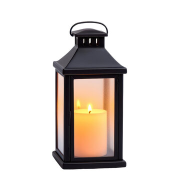 A black lantern with a glowing candle inside, casting a warm light, perfect for creating a cozy atmosphere.
