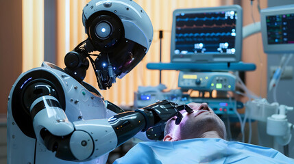 Fototapeta premium Robotic surgery and robots in medicine concept. AI robot performs complex operations for an male patient in a hospital bed. Artificial Intelligence use in medical treatment