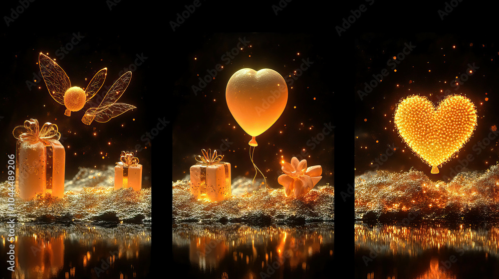 Poster a series of gold balloons and a box with a bow on top. the balloons are arranged in a row and the bo