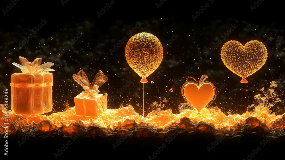 Poster a series of gold balloons and a box with a bow on top. the balloons are arranged in a row and the bo