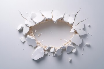 Cracked wall with pieces of plaster on a white isolated background.