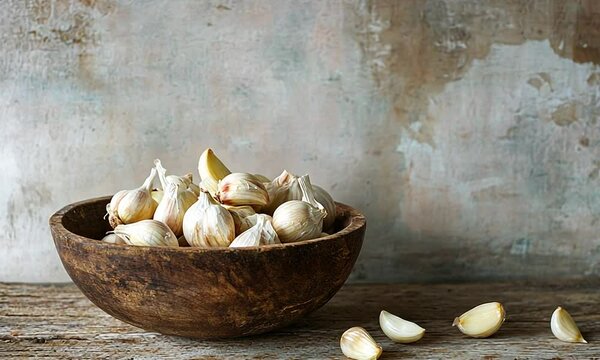 A rustic wooden bowl filled with garlic cloves on a textured background.