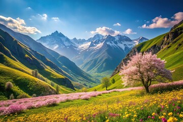 Fototapeta premium Scenic mountain valley with blooming flowers in spring