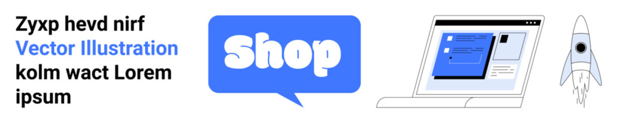 Bold blue shop text in a speech bubble, a laptop displaying an e-commerce platform, and a rocket. Ideal for e-commerce, online shopping, digital marketing, tech startups, web design. Banner for