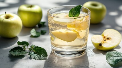 Fototapeta premium Refreshing apple-infused sparkling drink with mint, surrounded by fresh green apples and mint leaves on a sunny afternoon