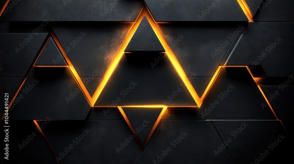 Poster layers of geometric shapes illuminated with vibrant orange light create a striking visual on a dark 